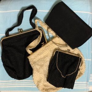 Lot Vintage Evening Bags 3 Black, 1 Cream Beaded Rhinestone